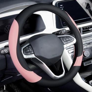Imagem de Capa de volante de carro, capa de volante preta e rosa de couro napa para mulheres, universal de 35 a 38 cm, antiderrapante, protetor de volante respirável