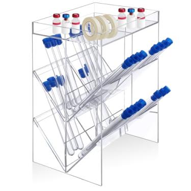 Imagem de Colingmill Suporte de tubo de acrílico transparente dupla face com 8 compartimentos e 4 bandejas de puxar suporte de tubo montado na parede e organizador de laboratório suporte de bancada para