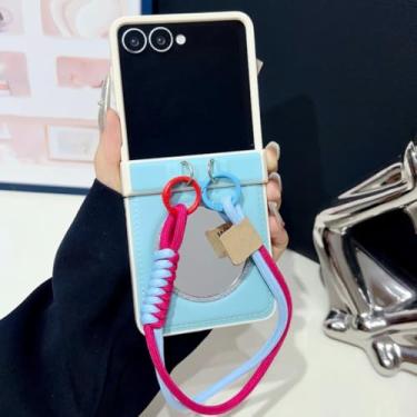 Imagem de Capa de couro espelhado de luxo para Samsung Galaxy Z Flip 3 4 5 6 7 5g Zflip7 Fe Flip6 com cordão e proteção para dobradiça (para Galaxy Z Flip3 5G/Verde Claro)