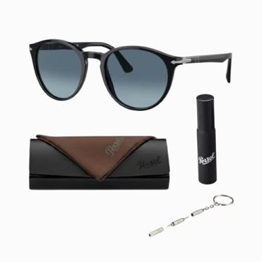 Imagem de Persol Óculos de sol redondos PO3152S com kit oficial de óculos, Armação preta | Lente azul gradiente azul azul