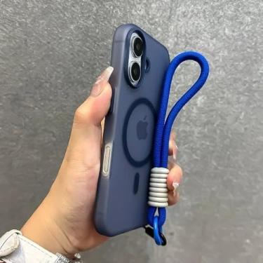 Imagem de Capa de silicone macia fosca com cordão, azul escuro, para iPhone 15 Plus, com alça de pulso de duas cores, para iPhone 16, 15, 14 Pro Max Plus, 16e, 13, 11, 12