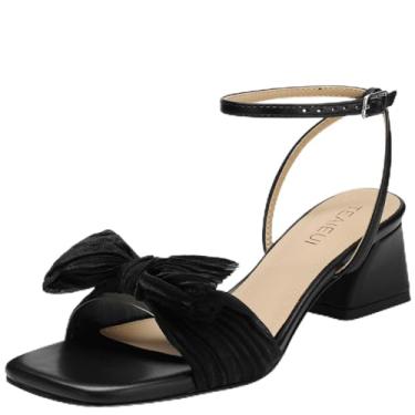 Imagem de TEAIEUI Sandálias femininas de salto com laço e bico quadrado aberto para noivas, salto grosso, salto baixo, tira no tornozelo, sapatos sociais para festas, Preto, 37