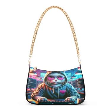 Imagem de Bolsa de ombro com corrente animal neon gato fixe, bolsa de mão artística Hobo para mulheres, bolsa clutch média moderna