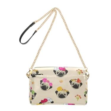 Imagem de Joitme Bolsa feminina tiracolo bolsa para celular bolsa de ombro de couro PU alça de corrente fofo pugs flor bege animal