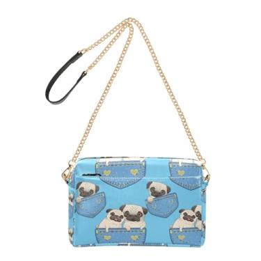 Imagem de Joitme Bolsas femininas transversais para celular bolsa fofa de desenho animado pugs bolsa de ombro de couro PU azul com alça de corrente