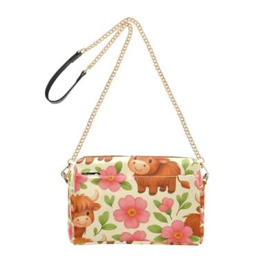 Imagem de Joitme Bolsa feminina tiracolo lindas vacas Highland flores rosa bolsa para celular bolsa de ombro com alça de corrente de couro PU
