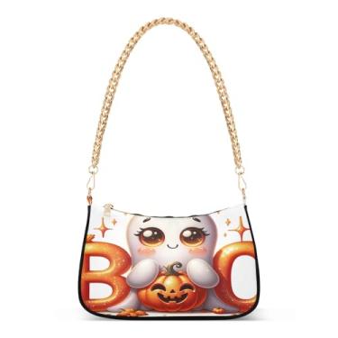 Imagem de Linda bolsa de ombro com corrente de desenho animado laranja fantasma de Halloween, bolsa feminina Hobo com grande capacidade, bolsa moderna para festas e uso diário
