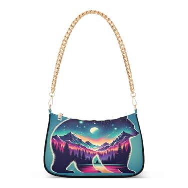 Imagem de Mountains Forest Bolsa de ombro colorida com corrente estética, bolsa feminina Hobo média, bolsa estampada artística para uso casual ou noturno