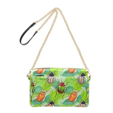 Imagem de Joitme Bolsa feminina transversal para celular de couro PU alça de corrente besouros coloridos folhas verdes