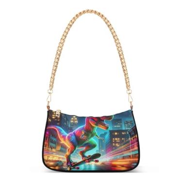 Imagem de Bolsa de ombro colorida com corrente moderna de dinossauro, bolsa Hobo média para mulheres, bolsa versátil para uso diário ou festa