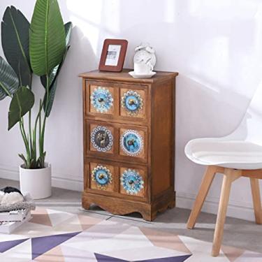 Imagem de Mesa de cabeceira vintage com 3 gavetas estilo country americano mesa de cabeceira de madeira maciça pequena armário de armazenamento estreito quarto armário lateral pintado (marrom 44 x 30 x 75 cm)