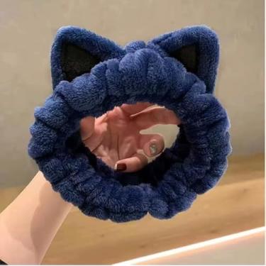 Imagem de Tiara de orelha de gato com desenho animado de pelúcia antiderrapante para lavar o rosto, máscaras de cuidados com a pele, spa, maquiagem, banho e rotina diária, azul royal