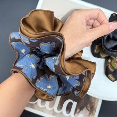 Imagem de Fita elástica de cabelo feita à mão Coreia Dongdaemun marrom-azul floral multicolorida grande versátil Scrunchie para viagem de coque de rabo de cavalo, dourado