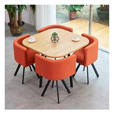 Imagem de Combinação de mesa de jantar e cadeira moderna mesa de lazer madeira maciça 90 cm mesa redonda vintage algodão linho assento pernas de ferro forjado sala de estar cozinha mesa de jantar Balcão (mesa