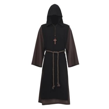 Imagem de Koalswm Roupão medieval monge renascentista frade sacerdote capa com capuz com cinto colar fantasia cosplay Halloween (A, pequeno)