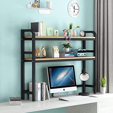 Imagem de Estante de mesa de 2 camadas para mesa de computador - estante de mesa de computador de madeira e metal, estante de mesa ajustável, estante de mesa, prateleira de exibição de armazenamento aberta para