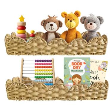 Imagem de Conjunto de 2 estantes de vime boho, prateleiras de parede flutuantes com bordas recortadas, organizador de parede para quarto de bebê, sala de jogos infantil, prateleira de vime rústica natural para