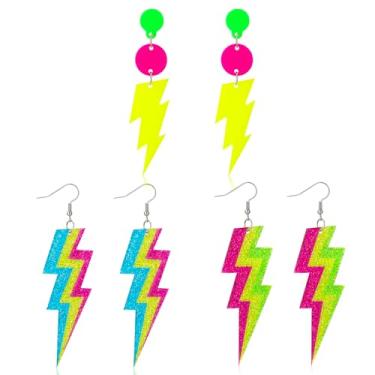 Imagem de Fingertip WD 3 pares de brincos de néon dos anos 80 e 90 para mulheres, acessórios de festa, joias neon para fantasias de Halloween, One Size, Acrílico, Sem pedra preciosa