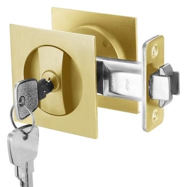 Imagem de Viiwahol Fechadura de porta de bolso dourada escovada com chave, puxador de porta de bolso com fechadura quadrada para privacidade, fechaduras e puxadores de banheiro com dobra dupla