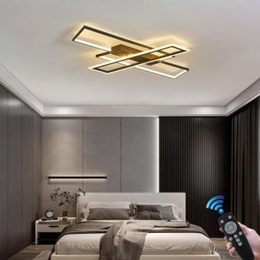 Imagem de Luminária de teto moderna, elegante e geométrica em LED, dimerizável, 105W, preta, quadrada, em acrílico, lustre embutido, grande, adequada para sala de estar, quarto, escritório, cozinha, 3