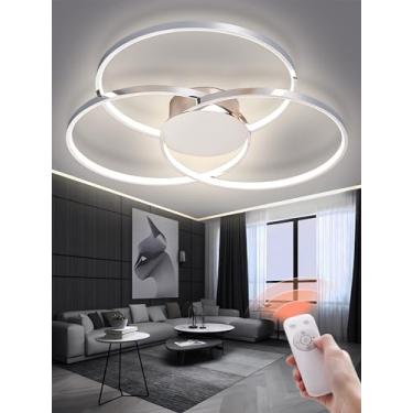 Imagem de Luminária de teto LED moderna para hall de entrada, dimerizável de 3000 a 6000K, com 3 anéis, controle remoto, ideal para sala de estar, quarto, cozinha, sala de jantar e varanda (cromada, 7