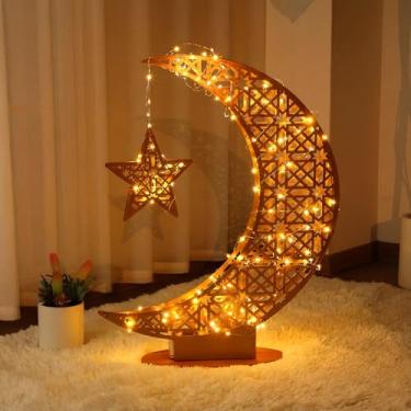 Imagem de Tujoe Grandes luzes de metal Eid decoração lua estrela 26,4 polegadas LED Ramadã Mubarak lâmpada crescente Ramadã LED decorativa Eid luz crescente Mubarak estrela lua suporte com bateria (clássico)