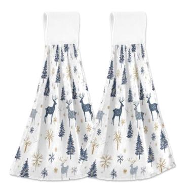 Imagem de Blueangle 2 peças de toalhas de gravata penduradas de veado de Natal toalha de mão de cozinha absorvente de veludo coral macio pano de pano para cozinha e banheiro (456)