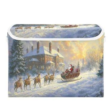 Imagem de SEHANY Linda caixa de armazenamento de Papai Noel de Natal com tampas e alças, organizador de cestas de armazenamento de tecido dobrável, caixas de armazenamento de cubos grandes para roupas, cobertor