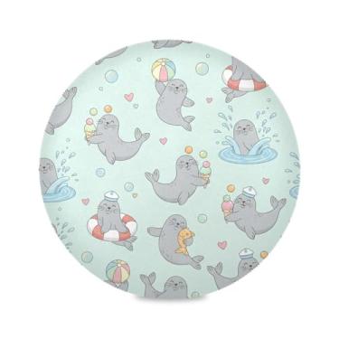 Imagem de Wassud Jogo americano com selos cinzentos divertidos tapetes de mesa redondos para cozinha e jantar tapetes laváveis resistentes ao calor decoração de mesa 39 cm