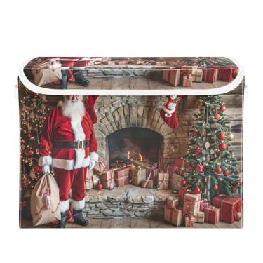 Imagem de SEHANY Linda caixa de armazenamento de Papai Noel de Natal com tampas e alças, organizador de cestas de armazenamento de tecido dobrável, caixas de armazenamento de cubos grandes para roupas, cobertor