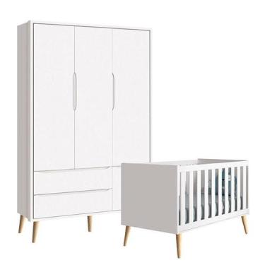 Imagem de Berço Americano e Guarda Roupa 3 Portas Infantil Theo Branco Acetinado
