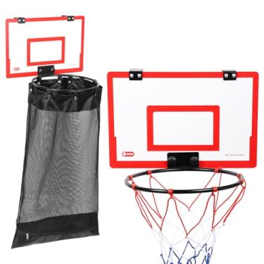 Imagem de Cesta de basquete sobre a porta, cesto de roupa suja, cesta de basquete 2 em 1, cesto de roupa suja de madeira com zíper, durável para pendurar roupas esportivas para quarto de crianças, dormitório