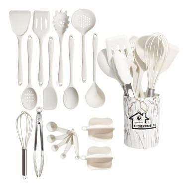 Imagem de Conjunto de Utensílios Cozinha 18 peças Silicone para com Suporte e Cabo Madeira Resistente à Calor Antiaderente Grau Alimentar Acessórios Essenciais