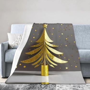 Imagem de Cobertor grande ultra macio com estampa de árvore de Natal com glitter dourado, perfeito para cama, sofá e viagens, manta de flanela aconchegante e quente