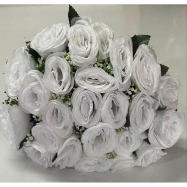 Imagem de Rosa Artificial Decorativa com 24 Flores – Buquê para Arranjos, Festas, Casamento e Decoração de Interiores(Branco,Kit com 3)