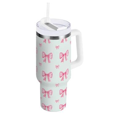 Imagem de SEHANY Copo fofo com laço rosa de 1,134 g com alça, copo isolado de aço inoxidável a vácuo de parede dupla, à prova de vazamento, caneca de café isolada para viagem cabe no suporte de copo de carro