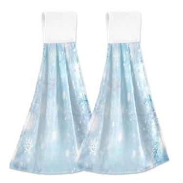 Imagem de Blueangle 2 peças de toalhas de gravata penduradas flocos de neve toalha de mão toalha de mão absorvente macio coral veludo pano para cozinha banheiro (517)