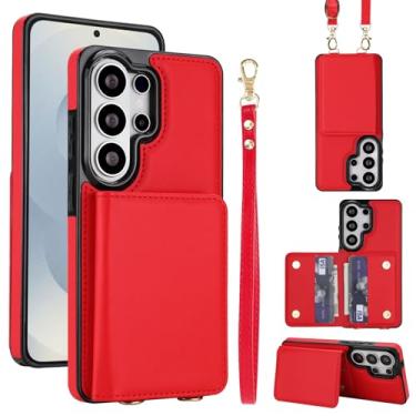 Imagem de Capa para celular Samsung Galaxy S26 Ultra PU carteira de couro, 4 compartimentos para cartão e 2 compartimentos para dinheiro, bloqueio RFID, alça destacável, capa com suporte antiarranhões e à prova