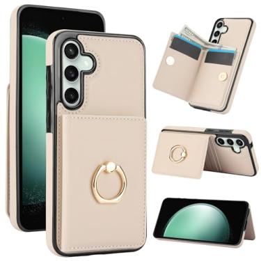 Imagem de Capa carteira para Samsung Galaxy S25 de 6,2 polegadas com suporte para cartão, capa de couro com bloqueio RFID, suporte de anel giratório de 360° com fecho magnético à prova de choque (branca)