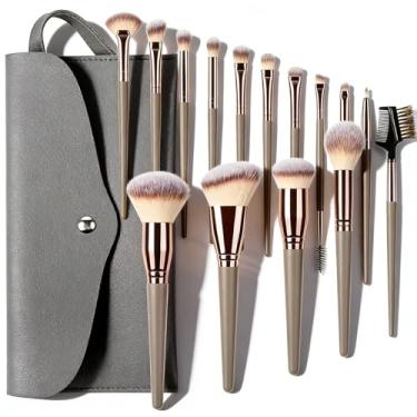 Imagem de Conjunto de 15 pincéis de maquiagem com bolsa de couro PU, pincéis de base em pó para blush para mulheres, champanhe dourado