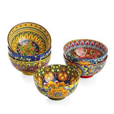 Imagem de Henten Home Conjunto de 6 tigelas de sobremesa de cerâmica, tigela de lanche Bohemia de 293 ml, tigelas coloridas de porcelana para lanches, sopas, sorvetes, decorativas, seguras para micro-ondas e
