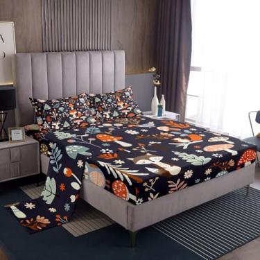 Imagem de Jogo de lençol Queen com desenho animado de animais selvagens, raposa, coruja, coelho, ouriço, para crianças e adultos, outono cogumelo, flores e folhas (1 elástico, 1 lençol de cima, 2 fronhas