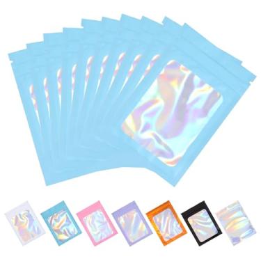 Imagem de Tiparts 100 sacos holográficos Mylar, sacos azuis resseláveis de 8 cm x 13 cm com janela frontal transparente para armazenamento de alimentos, joias, doces, embalagens para pequenas empresas