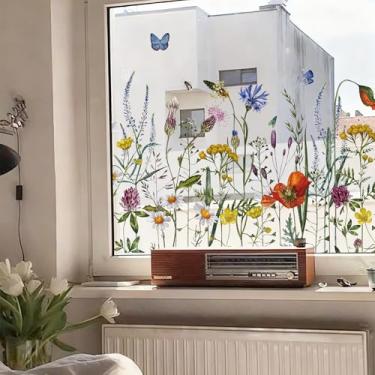 Imagem de Liwo 139,7 cm x 40 cm Janela de mola manchada dupla face fixa flores coloridas com borboletas de insetos, adesivo de vidro anticolisão reutilizável e removível, não adesivo, amigável para decoração de