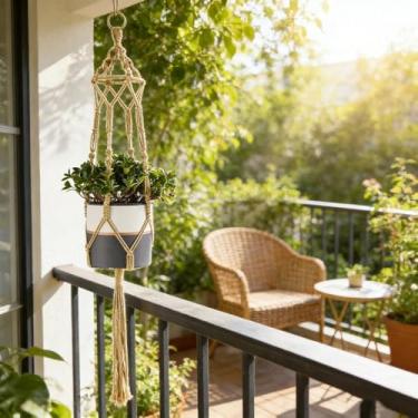 Imagem de 1 cabide feito à mão para plantas de macramé estilo boêmio, suporte de vaso de flores para pendurar, fácil instalação, uso externo e interno, 94 cm