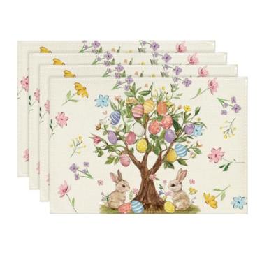 Imagem de Artoid Mode Jogo americano de coelho, ovos, árvore, flores, Páscoa, conjunto com 4, 30,5 x 45,7 cm, tapetes de mesa sazonais de primavera para festa, cozinha, decoração de jantar