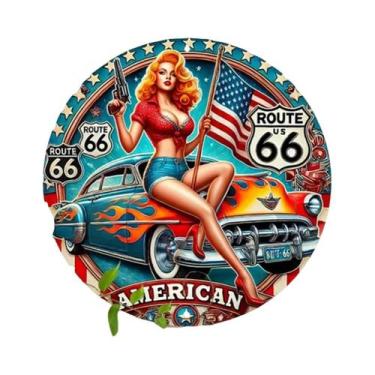 Imagem de Placa De Alumínio Vintage Retro Route 66 Com Menina Pinup E Bandeira A