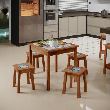 Imagem de Kit 03 Banquetas Baixas De Madeira Maciça Pinus Rústica Com Cerâmica Vintage W02 Imbuia