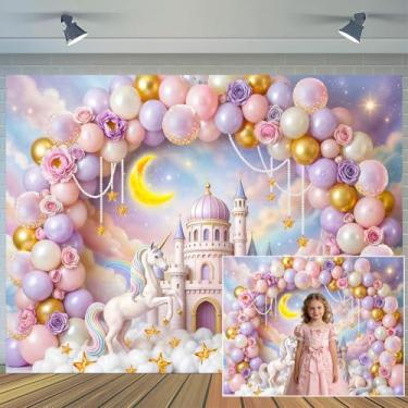 Imagem de 2,8 x 1,5 m, arco de balão de princesa, cenário, nuvens, unicórnio, conto de fadas, fundo fotográfico para aniversário, casamento, chá de bebê, decoração de mesa, cabine fotográfica, banner