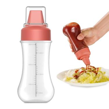 Imagem de Garrafa transparente com bocal de 5 furos e marcas de medição, dispensador de condimentos reutilizável de 350 ml para ketchup, mostarda, molho para salada, óleo e vinagre (vermelho)